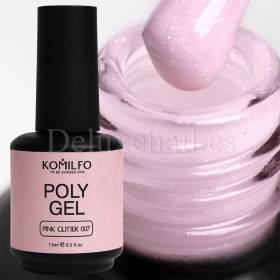 Polygel con pincel Komilfo 007 Pink Glitter, Rosa con micro brillo, 15 ml