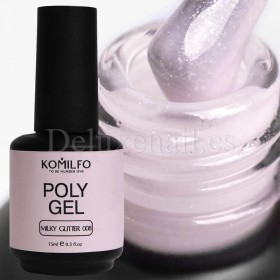 Polygel con pincel Komilfo 008 Milky Glitter, Blanco Lechoso con micro brillo, 15 ml