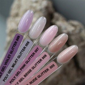 Polygel con pincel Komilfo 009 Violet Glitter, Violeta con micro brillo, 15 ml