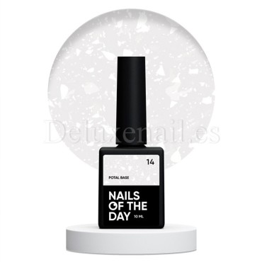 Potal Base 14 NAILSOFTHEDAY, base decorativa, blanco lechoso traslúcido con trozos de foil blanco, 10 ml