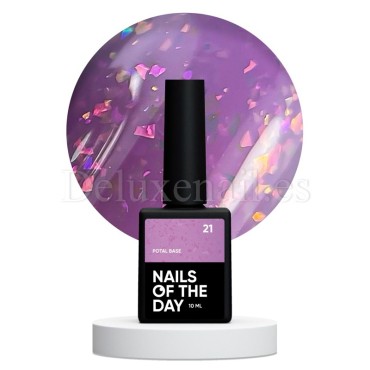 Potal Base 21 NAILSOFTHEDAY, base decorativa, violeta con trozos de foil holográfico, 10 ml
