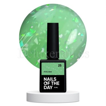Potal Base 25 NAILSOFTHEDAY, base decorativa, verde claro con trozos de foil holográfico, 10 ml