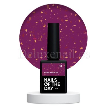 Malbec Base Potal 01 NAILSOFTHEDAY, base decorativa, rosa fucsia con trozos de foil dorado, 10 ml