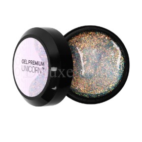 Gel constructor Premium Gel Unicorn Komilfo, Transparente con trozos de foil multicolor, 15 gr