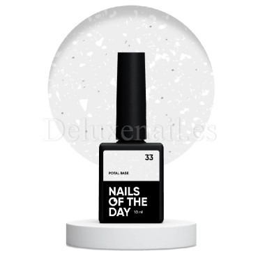 Potal Base 33 NAILSOFTHEDAY, base decorativa, transparente con micro brillo reflectante y trozos de foil blanco, 10 ml