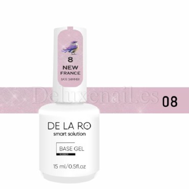 Base New France Shimmer 08 DE LA RO, base camuflaje, rosa con micro brillo, 15 ml