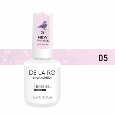 Base New France Shimmer 05 DE LA RO, base camuflaje, rosa claro con micro brillo, 15 ml