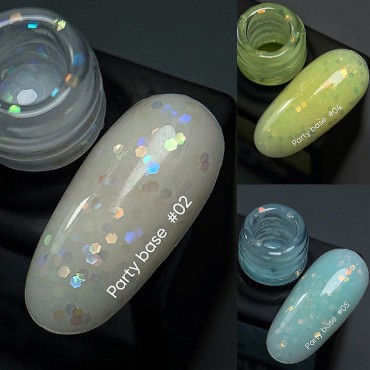 Kit de 3 Party Bases NAILSOFTHENIGHT, blanco, amarillo, azul turquesa con hexágonos brillantes